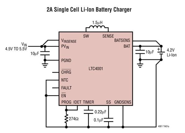 Typical Application for LTC4001 - 2A Synchronous Buck Li-Ion Charger