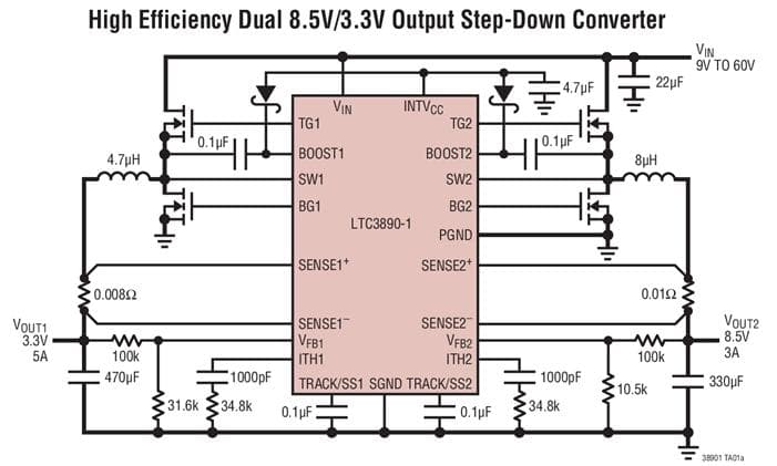 Typical Application for LTC3890-1 - 60V Low IQ, Dual, 2-Phase Synchronous Step-Down DC/DC Controller