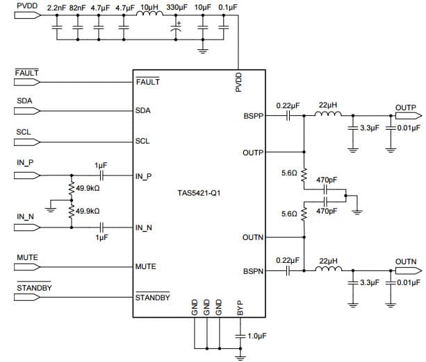 Typical Application for TAS5421-Q1 22-W Mono Automotive Digital-Audio Amplifier With Load Dump and I 2C Diagnostics