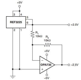 Typical Application for REF3225 Combined with OPA735 to Create Positive and Negative Reference Voltages