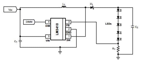 Typical Application for LM3410 Constant Current Boost and SEPIC LED Driver with Internal