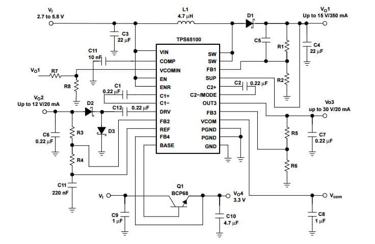 Typical Application for TRIPLE OUTPUT LCD SUPPLY WITH LINEAR REGULATOR and VCOM BUFFER