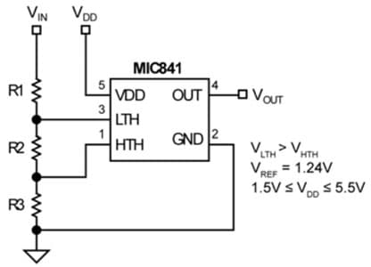 Typical Application for MIC842LYC5 Comparator with 1.25% Reference and Adjustable Hysteresis