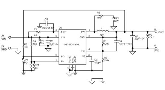 Typical Application for MIC23201: 2MHz PWM 2A Buck Regulator with Hyper Speed Control