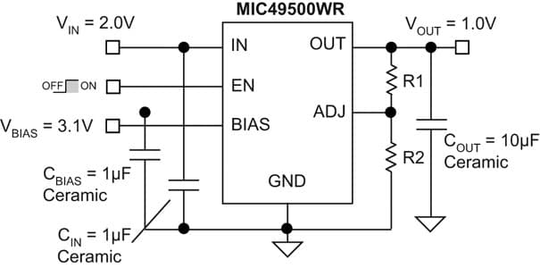 Typical Application for MIC49500: 5A Dual Supply, Low Voltage, High Bandwidth LDO