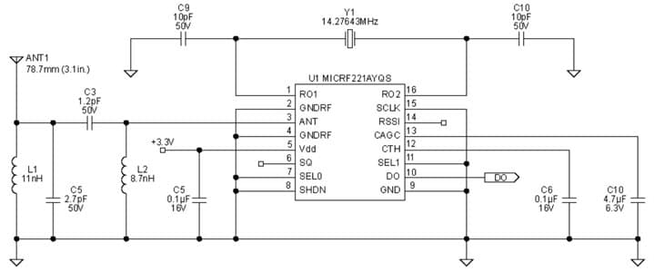 Typical Application for MICRF221: 3.3V, Qwik-Radio 850 MHz to 950 MHz Receiver