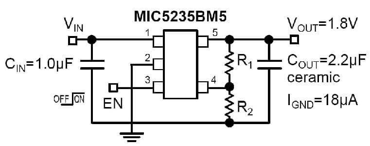 Typical Application for MIC5235: Ultra-Low Quiescent Current, 150mA Cap LDO Regulator