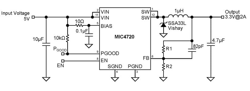 Typical Application for MIC4720: 3mm x 3mm 2.0MHz 2A Integrated Switch Buck Regulator