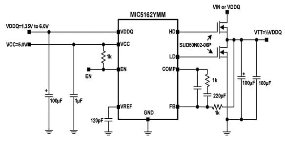 Typical Application for MIC5162: Dual Regulator Controller for DDR3 GDDR3/4/5 Memory and High-Speed Bus Termination