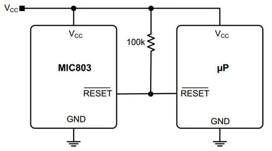 Typical Application for MIC803: 3-Pin Microprocessor Supervisor Circuit with Open-Drain Reset Output