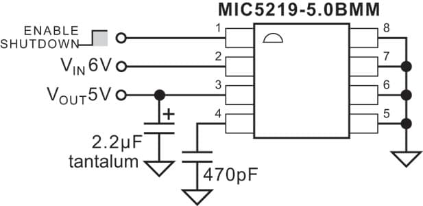 Typical Application for MIC5219: 500mA-Peak Output LDO Regulator