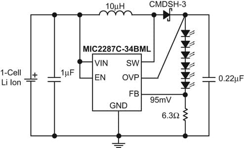 Typical Application for MIC2287C: 1.2MHz PWM White LED Driver with OVP in 2mm x 2mm MLF and Thin SOT-23