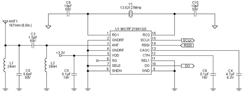 Typical Application for MICRF219: 300MHz to 450MHz ASK Receiver with RSSI, Auto-Poll, Bit-Check and Squelch NOT RECOMMENDED, REFER TO MICRF219A for NEW DESIGNS