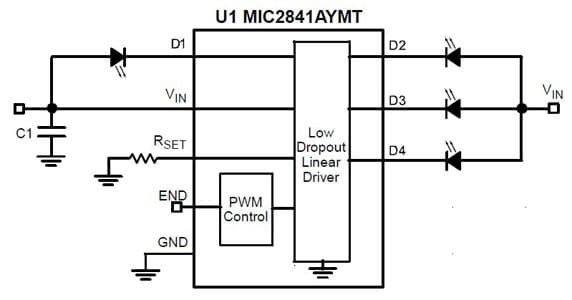 Typical Application for MIC2841A: High Efficiency 4 Channel Linear WLED Driver with DAM and Ultra Fast PWM Control