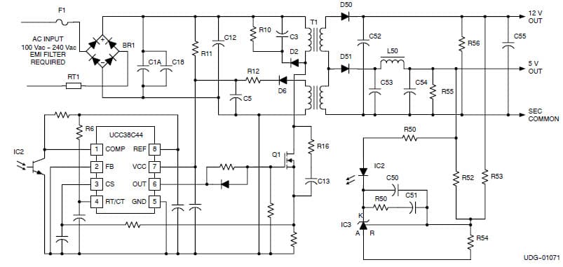 Typical Application for UCC38C44 a high-performance current Mode PWM controller