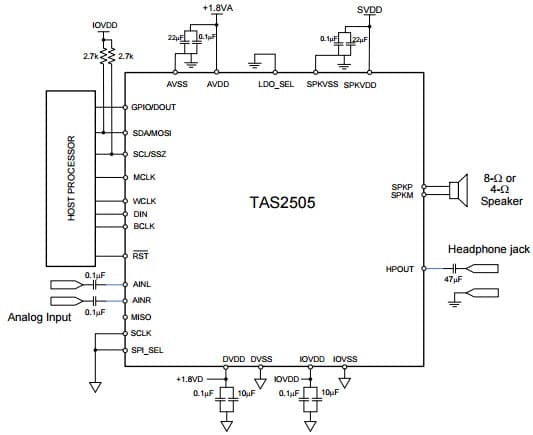 Typical Application for Digital Input Class-D Speaker Amplifier with Audio Processing and mono HeadPhone amplifier