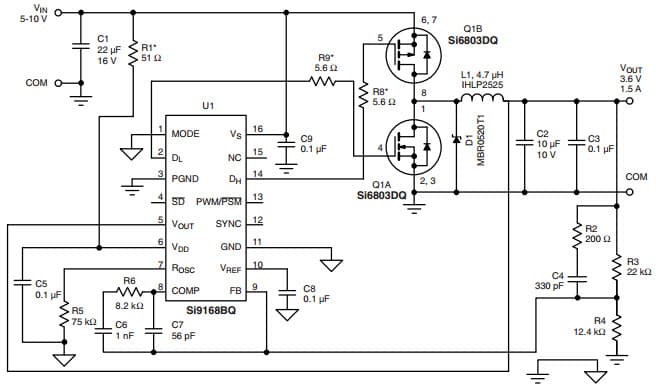 Typical Buck Application for Si9168 Synchronous Buck or Boost Controller for 2-Cell Li+ Battery Operated Portable Communication Devices