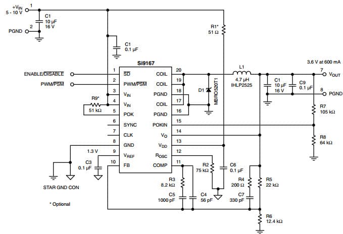 Typical Application for 600-mA Synchronous Buck Converter for 2-Cell Li+ Cellular Phones