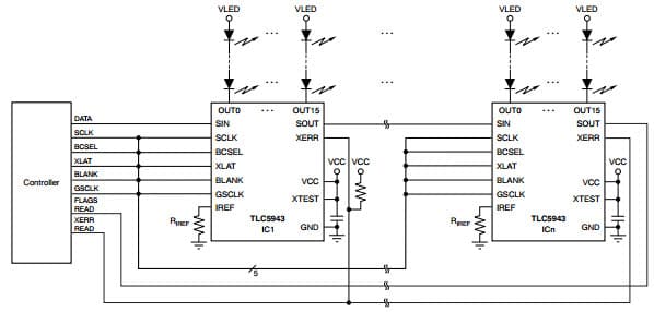 Typical Application Circuit for 16-Channel, 16-Bit PWM LED Driver with 7-Bit Global Brightness Control