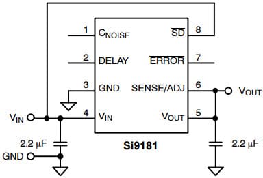 Typical Application for Si9181 Micro-power 350-mA CMOS Fixed Output LDO Regulator With Error Flag/Power-On-Reset