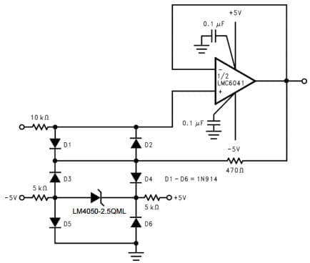 Typical Application for LM4050QML Protecting Op-Amp input, Precision Micro-power Shunt Voltage Reference