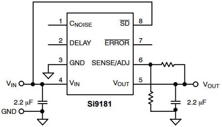 Typical Application for Si9181 Micro-power 350-mA CMOS Adjustable Output LDO Regulator With Error Flag/Power-On-Reset