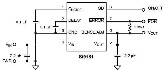 Typical Application for Si9181 Micro-power 350-mA CMOS Low Noise, Full Features Application LDO Regulator With Error Flag/Power-On-Reset