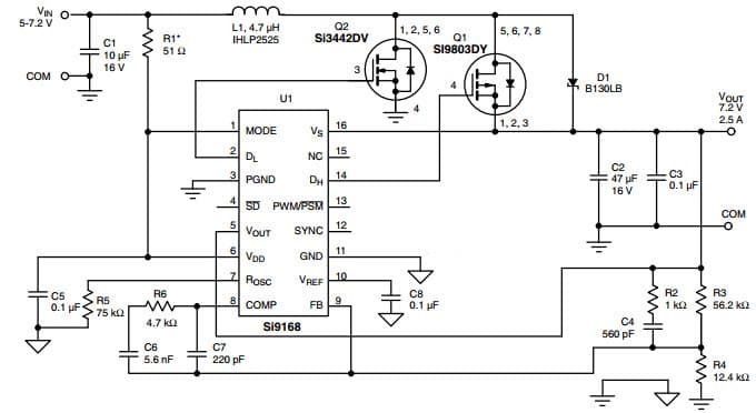 Typical Boost Application for Si9168 Synchronous Buck or Boost Controller for 2-Cell Li+ Battery Operated Portable Communication Devices