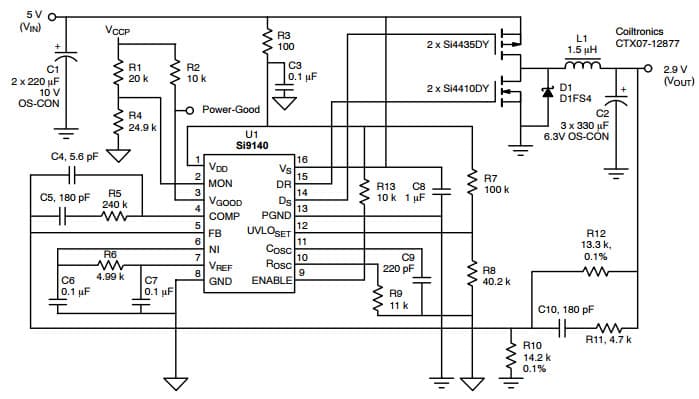 Typical Application for Si9140, 2.9 V @ 10 A MP Controller for High performance Process Power Supplies