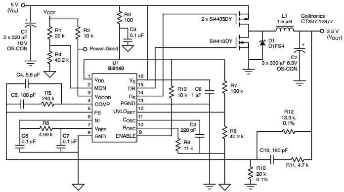 Typical Application for Si9140, 2.5 V @ 8.5 A MP Controller for High performance Process Power Supplies