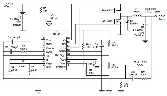 Typical Application for Si9140, 3.3 V@ 5 A MP Controller for High performance Process Power Supplies