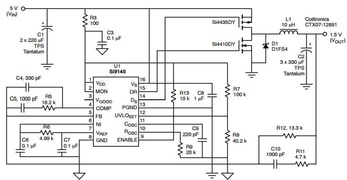 Typical Application for Si9140, 1.5-V Converter for GTL+ Bus @ 5 A MP Controller for High performance Process Power Supplies