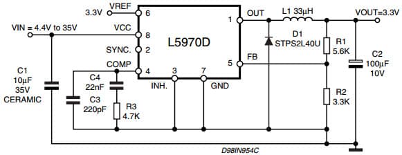 Typical Application for L5970D Up to 1A step down switching regulator