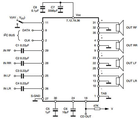 Typical Application for TDA7563PD Multifunction quad power amplifier with built-in diagnostics features