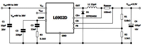 Typical Application Circuit for A6902D13TR Up to 1 A step down switching regulator with adjustable current limit for automotive applications