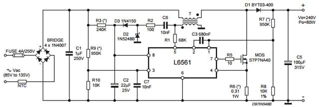 Typical Application Circuit (80W, 110VAC) for L6561 Power Factor ...