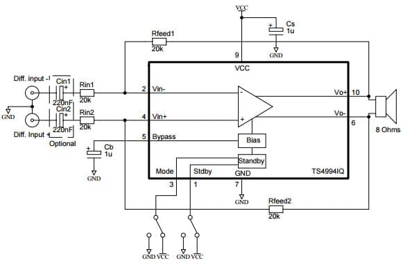 Typical Application, DFN10 Version for TS4994, 1-W differential input/output audio power amplifier with selectable standby