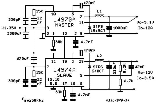 Typical Application Circuit for A 5.1V/12V Multiple Supply, Note the Synchronization Between the L4974A and L4970A, 3.5-A Switching Regulator