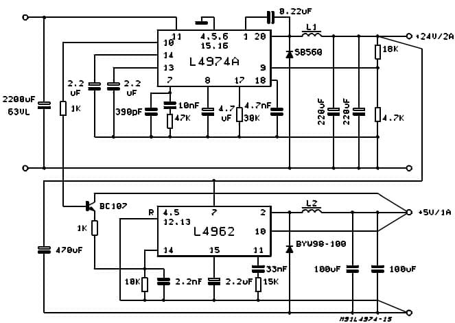 Typical Application Circuit for 1A/24V Multiple Supply, Note the synchronization between the L4974A and L4962