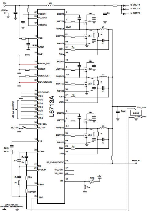 Typical Application of AMD 6-Bit, 3-Phase Controller for L6713A with Embedded Drivers for intel vr10, vr11 and AMD 6 bit cups