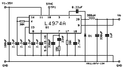 Typical 3.5A - 5.1V Low Cost Application Circuit for L4974A, 3.5-A Switching Regulator