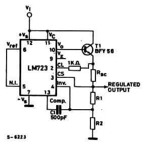 Typical Application for LM723 Positive Voltage Regulator (external NPN pass transistor)