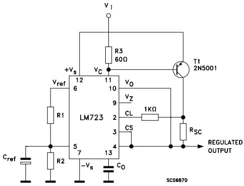 Typical Application for LM723 Positive Voltage Regulator (external PNP pass transistor)