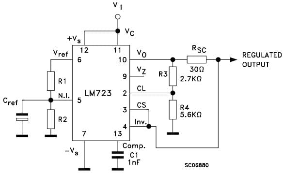 Typical Application for LM723 Foldback current limiting