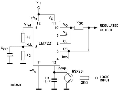 Typical Application for LM723 Remote shut-down Regulator with current limiting