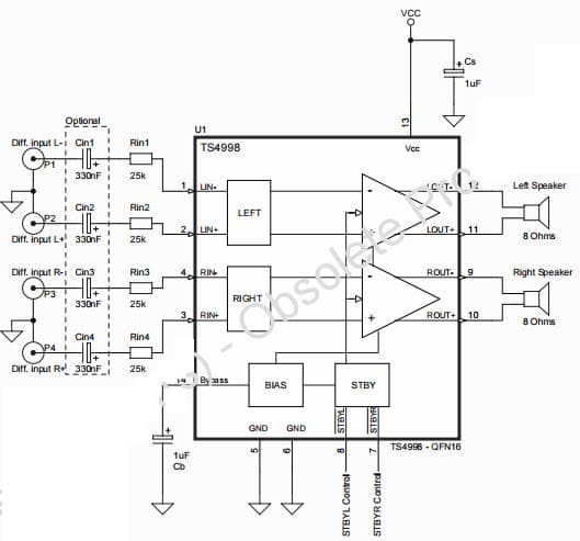 Typical Application for TS4998 2 x 1W differential input stereo audio amplifier