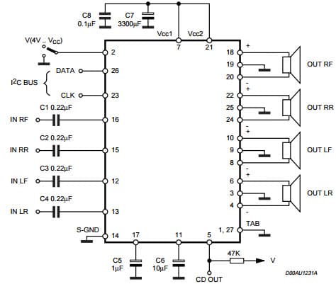 Typical Application for Tda7563 Multifunction Quad Power Amplifier With Built-In Diagnostics Features