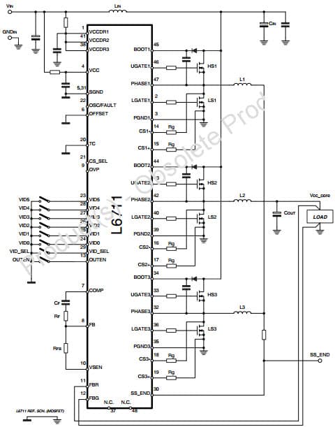 Typical Application for LS MOSFET current sense for L6711 3-Phase controller with dynamic VID and selectable DACs