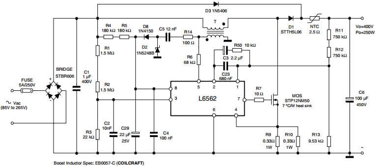 Typical Application Circuit (250W, Wide-Range Mains) for L6562 Transition-Mode Pfc Controller