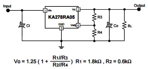 Typical Application for Application Circuit (Adjustable Mode) for KA278RA05CYDTU_NL 2A Output Low Dropout Voltage Regulators